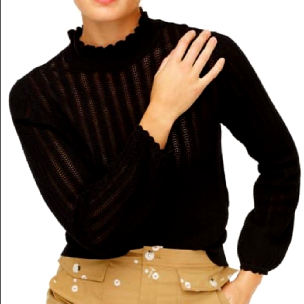 NWT J. Crew Pointelle Ruffle Mockneck Sweater Black - Size M - MAKE OFFER!!